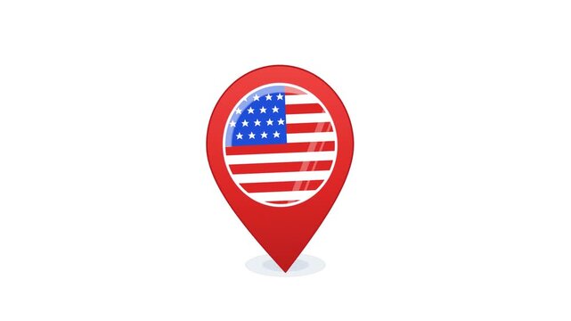 Red map pointer icon featuring the United States flag isolated on a white background.