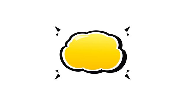 Yellow comic book style speech bubble with black outline on white background.