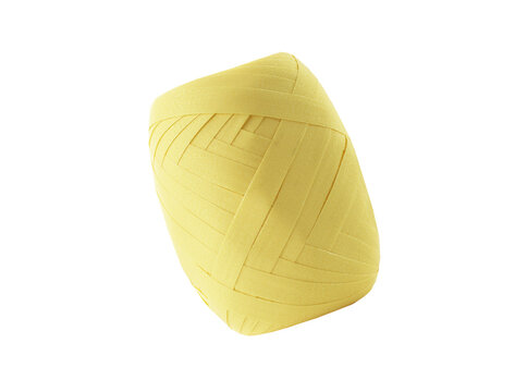 Yellow paper raffia ribbon roll spool for festive gift wrapping.