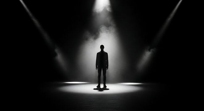 Silhouette of a man standing in a spotlight on a dark stage with beams of light