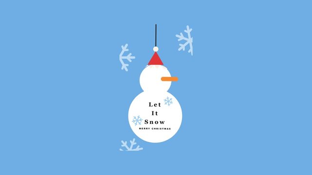 Minimalist flat vector illustration of a hanging snowman ornament with snowflakes on a blue background.