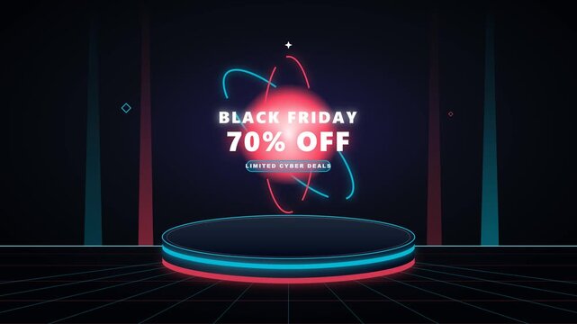 Black Friday sale banner with a glowing neon product display podium and abstract circular elements.