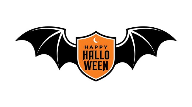 A spooky halloween emblem featuring black bat wings framing an orange shield with festive lettering
