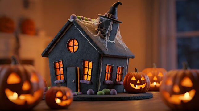 A charming halloween haunted house decoration is beautifully illuminated and surrounded by many glowing jack o lanterns for a spooky festive seasonal