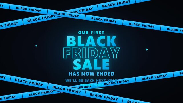 Black Friday sale has ended announcement banner with blue caution tape design.