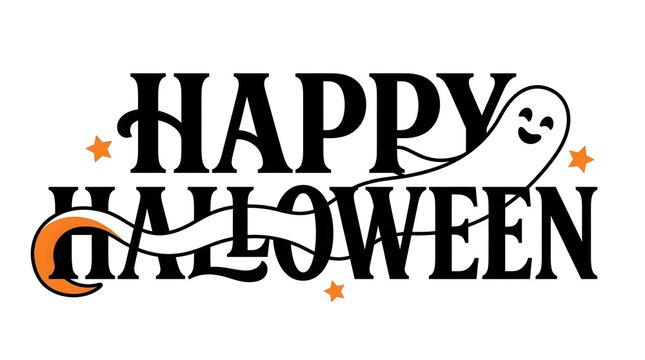 Festive and happy halloween lettering design featuring a cheerful ghost and pumpkin illustration ideal for seasonal greetings and all spooky celebrations during
