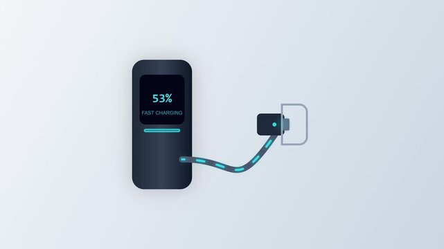 Conceptual illustration of mobile phone fast charging technology showing battery status at fifty three percent with connection cable and plug