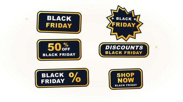 Set of black and gold Black Friday sale labels and promotional stickers.