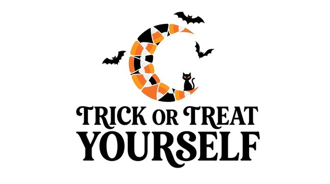 A delightful halloween design shows a glowing crescent moon overflowing with vibrant colorful candy and the cheerful message trick or treat yourself