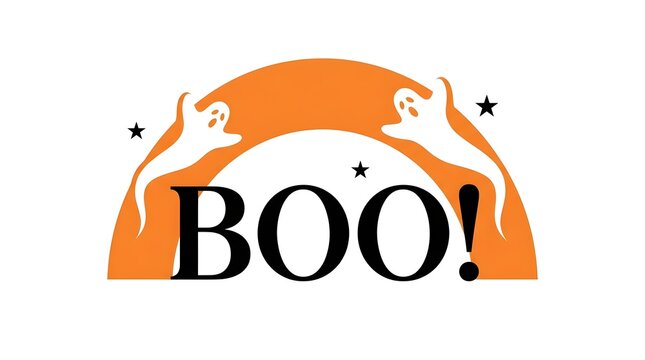 A delightful halloween illustration showcases a friendly spooky orange ghost form with the word boo presented in strikingly bold and clear lettering