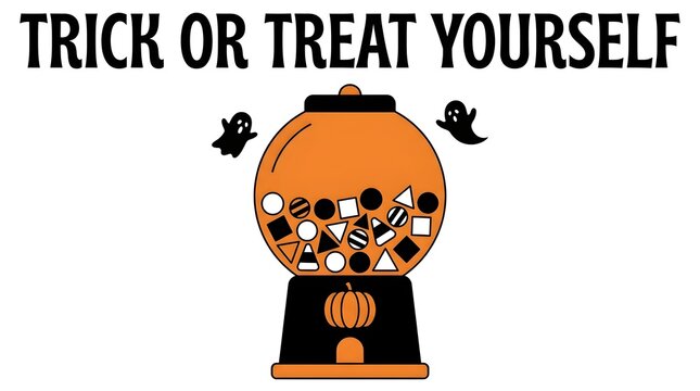 A brightly colored halloween gumball machine overflows with sweet treats and is playfully decorated with bats and a fun text message