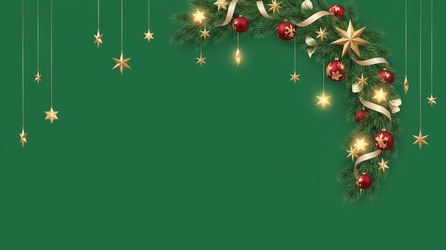 Festive Christmas green motion background featuring pine branches, hanging red ornaments, golden stars and warm glowing lights, with generous copy space for holiday greetings, seasonal promotions