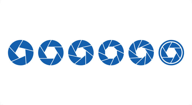 Camera shutter aperture icons set, blue lens diaphragm vector symbols, photography equipment shutter speed graphics, 6 flat optic elements for media design