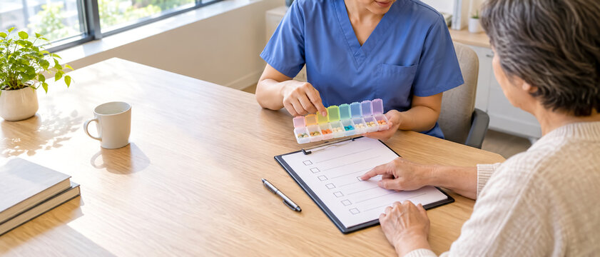 複数の薬を整理しながら服薬内容を確認する医療相談