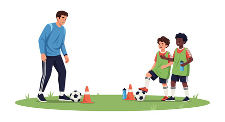 Obraz premium A dedicated soccer coach instructs young players during a lively outdoor practice session