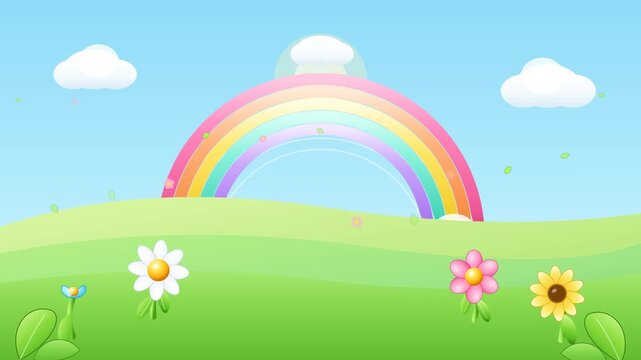 Colorful cartoon landscape with a rainbow over green hills and flowers.