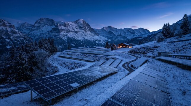Solar Panel Array in Snowy Mountain Landscape at Twilight
