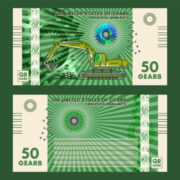 Vector obverse and reverse of techno style banknote. Guilloche, mesh patterns. Green industrial note. Denomination, fifty gears. 50. 3D gear. Heavy duty mining excavator. Discount flyer or game money