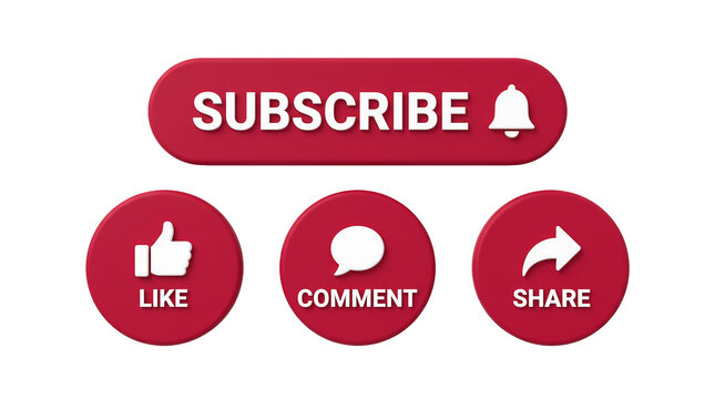 3D social media subscribe like comment and share buttons isolated on transparent background