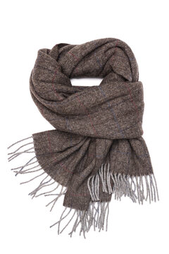 Brown fringed patterned scarf isolated on white