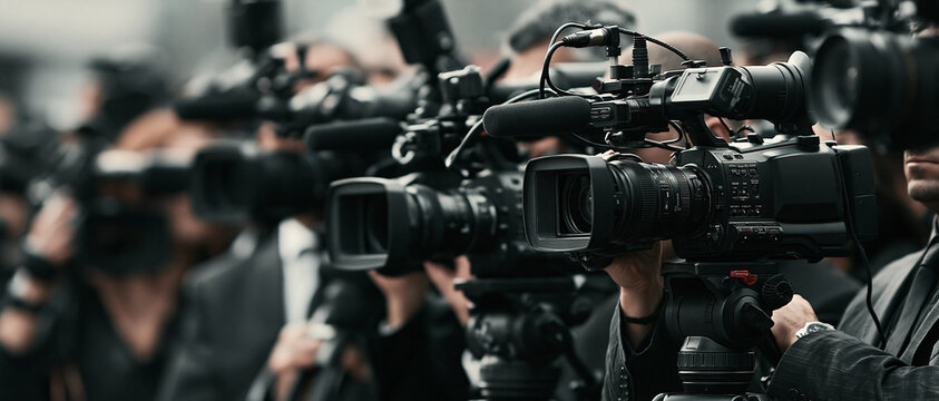 A row of professional video cameras held by unseen individuals, focused and ready to capture an event