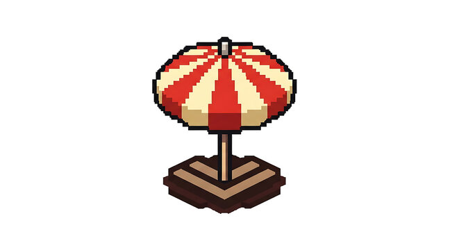 Parasol Summer Pixel Art Illustration of a Red and White Striped Beach Umbrella on a Wooden Stand Isolated on a White Background