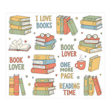 Stickers Literature Library Cozy Handdrawn Book Lover Sticker Set Featuring Stacks of Books Reading Glasses Coffee Mug and Inspirational