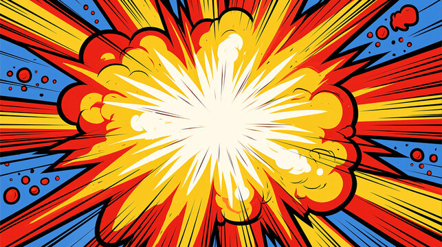 An abstract comic book explosion with radiating lines in red, yellow, and blue, emanating from a bright white center