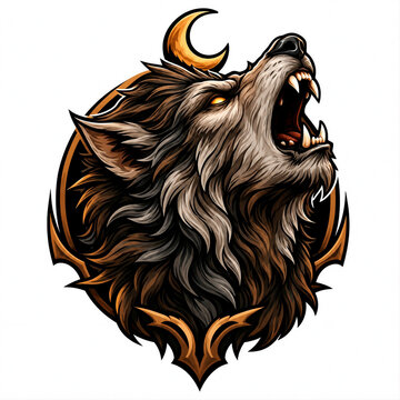 A vector mascot logo illustration of a werewolf howling upward with an open mouth showing sharp fangs, set inside a decorative circular frame with a crescent moon accent, isolated on a white backgroun