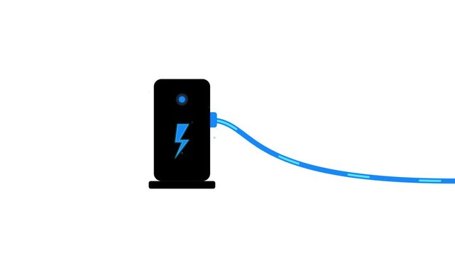 Electric vehicle charging station icon with cable and lightning bolt symbol isolated on white background
