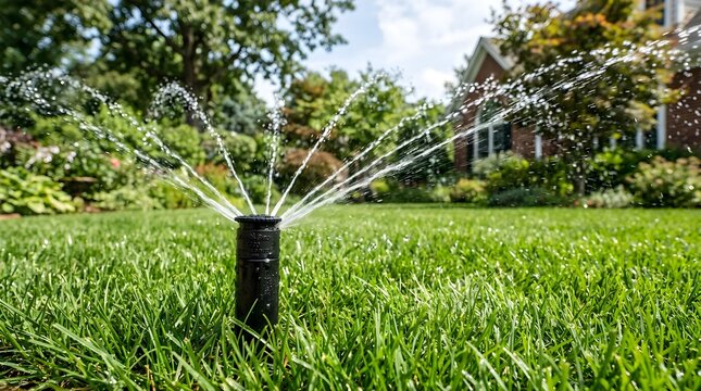 A vibrant green lawn receives automatic irrigation from a retractable sprinkler head on a bright and warm summer afternoon outdoors