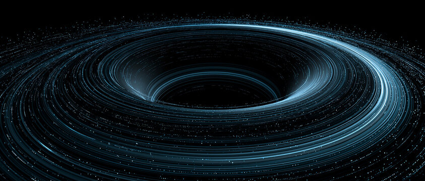 Abstract representation of a black hole with an accretion disk, showcasing swirling cosmic dust and gases in shades of blue and black. This image evokes a sense of mystery, power.