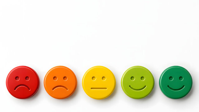 Customer feedback rating scale with five colored faces moves from negative to positive satisfaction for survey response and quality evaluation.