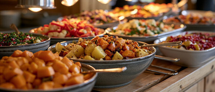 A buffet table overflowing with a diverse selection of delicious dishes. The colorful and abundant spread invites a feast of flavors and culinary delights