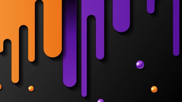 Halloween orange and purple dripping stripes with glossy spheres on dark background. Bold dimensional abstract motion design. Video animation Ultra HD 4K 3840x2160