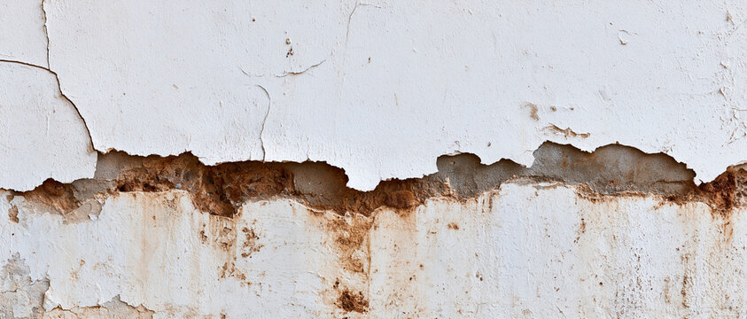 Cracked plaster on a wall shows signs of damage and decay, with exposed brick and rust-colored stains