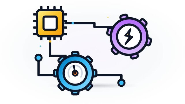 Abstract illustration of computer processor connected to power and speed control gears.