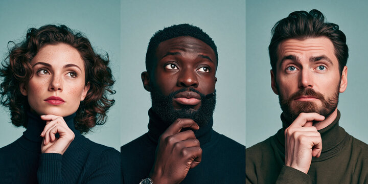 Three people, a woman and two men, each with a hand on their chin, contemplating thoughtfully