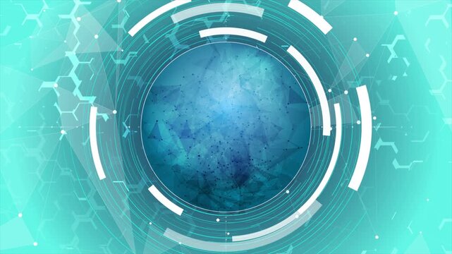 Blue technology sphere with plexus network abstract background, glowing circular interface rings and digital geometric details. Seamless loop motion design. Video animation Ultra HD 4K 3840x2160