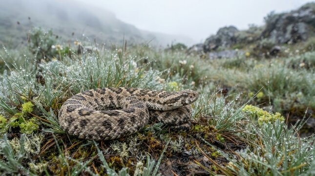 Rattlesnake in Misty Mountain Grassland: A coiled rattlesnake with intricate camouflage patterns rests amidst dew-covered grass and wildflowers on a misty mountainside, evoking a sense of wild.
