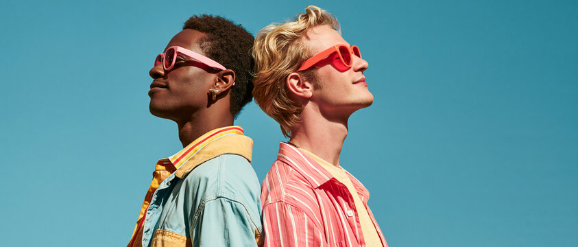 Two young men with sunglasses, leaning back to back, enjoy a sunny day. Their diverse skin tones and hairstyles suggest a modern, inclusive aesthetic
