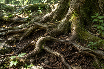 Obraz premium Ancient tree roots intertwined in rich soil, organic textures, dappled forest lighting.