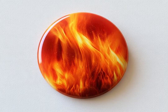 Circular button glows with vivid fire flames
