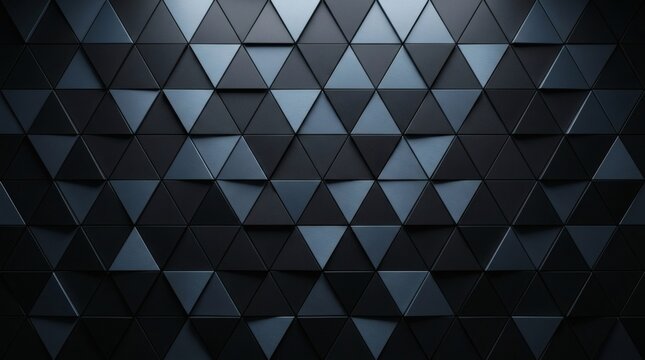Dark geometric triangle wall background with modern metallic blue accents.