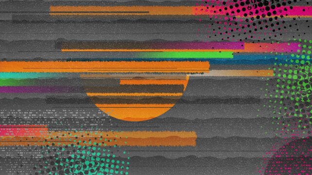 Vintage colorful stripes and halftone texture abstract motion background with rough gray paper, distressed lines and retro editorial details. Seamless loop. Video animation Ultra HD 4K 3840x2160