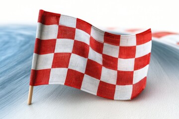 Obraz premium Red and white checkered flag waves gently on a stick