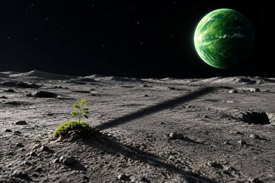 Tiny moss plant on barren moon-like surface casting shadow towards a vibrant green planet.