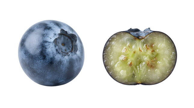 Fresh whole and sliced blueberry fruit isolated on transparent background for healthy food design projects