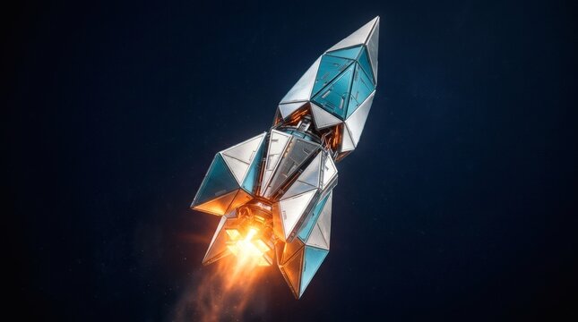 Futuristic geometric space rocket blasting off into dark space.