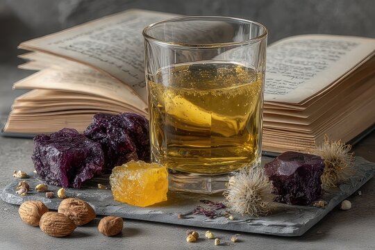 whiskey glass with snacks and an open book
